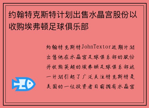 约翰特克斯特计划出售水晶宫股份以收购埃弗顿足球俱乐部